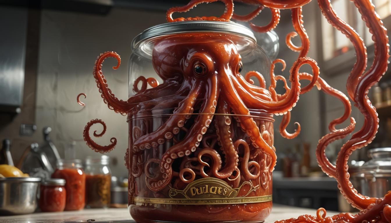A captivating photograph of a jar of canned "Tentacles in Tomato Sauce." The transparent window of the jar reveals coile...