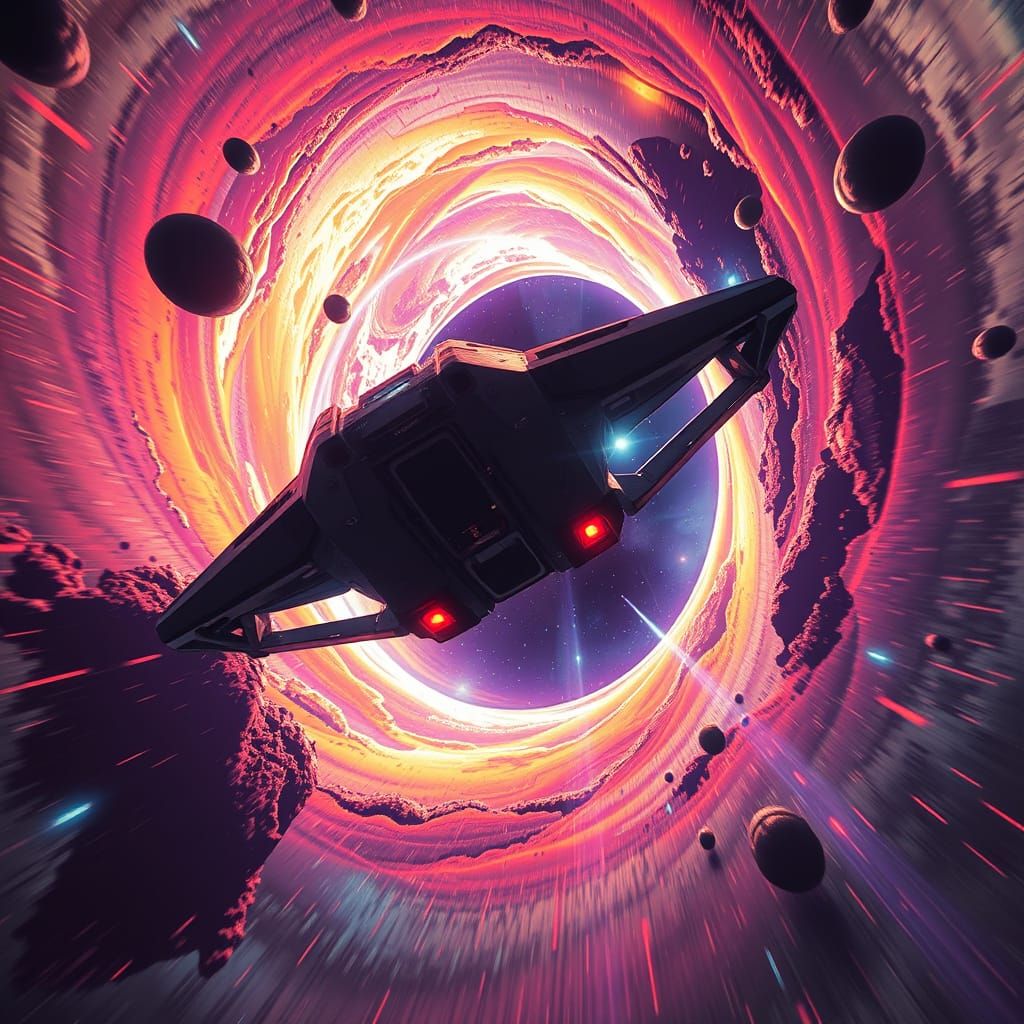 Spaceship Soaring Through Wormhole in Sci-Fi Style