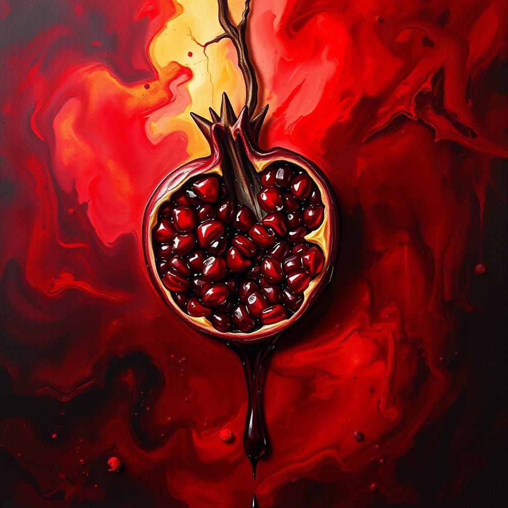 Bitten Pomegranate in Painterly Style with Velvet Reds