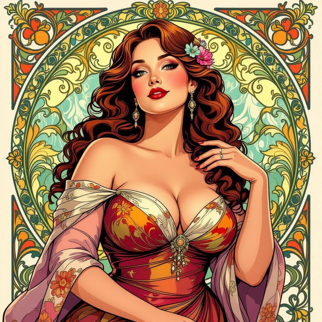 Elegant Curvy Woman: Art Nouveau Digital Portrait