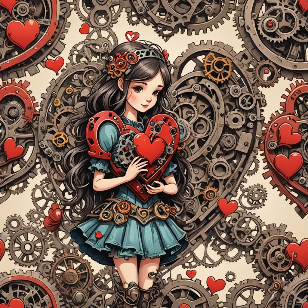 Fairy Girl Repairs Heart Cartoon with Gears