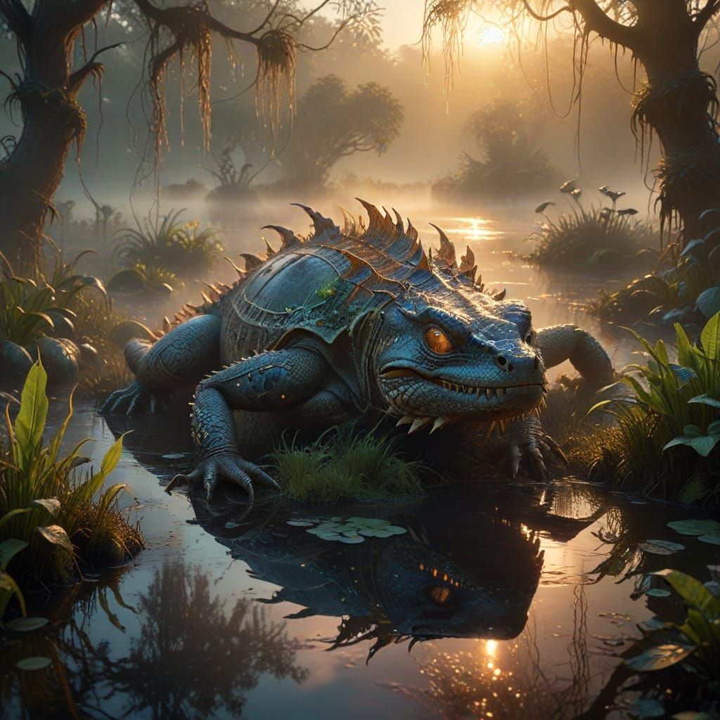 Reptilian Monstrosity Emerges from Misty Swamp