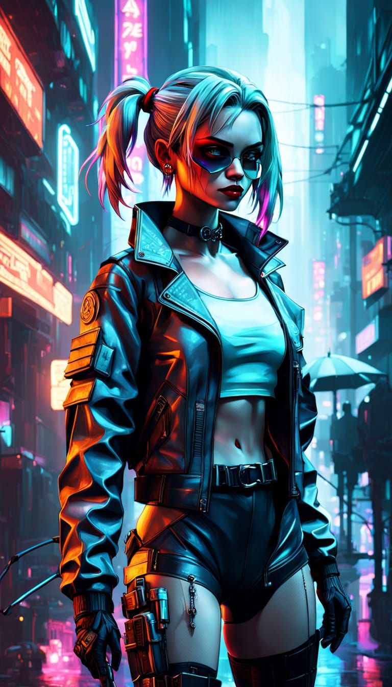 Cyberpunk Harley Quinn in Neon Noir Alleyway