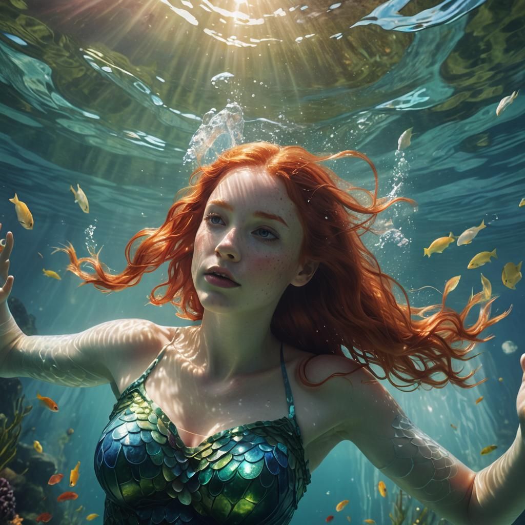 Red-Haired Swimmer in Golden Light, Digital Art