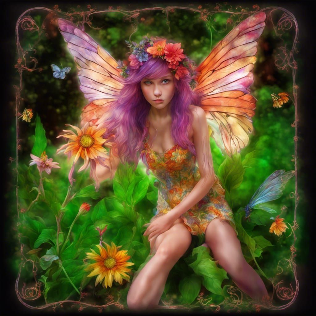 Psychedelic Flower Fairies with Stained Glass Background