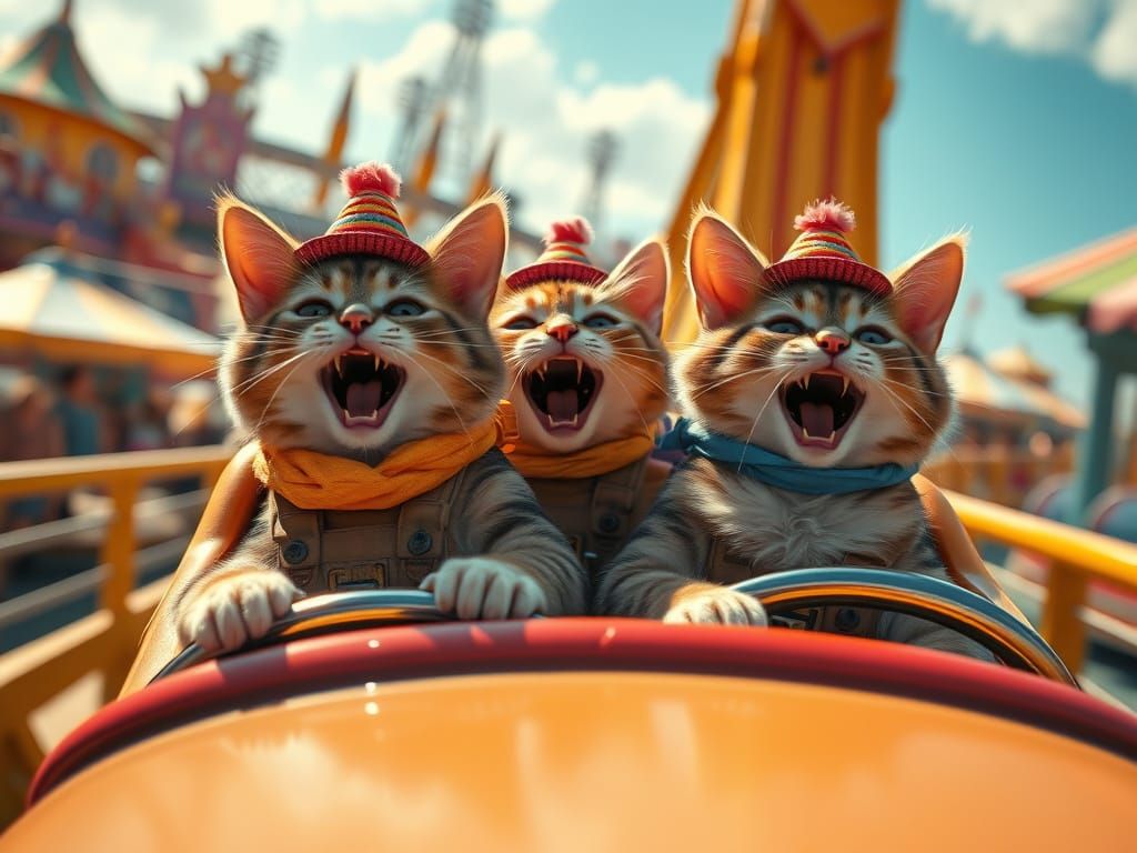 Cats on a Roller Coaster in Photorealistic Style