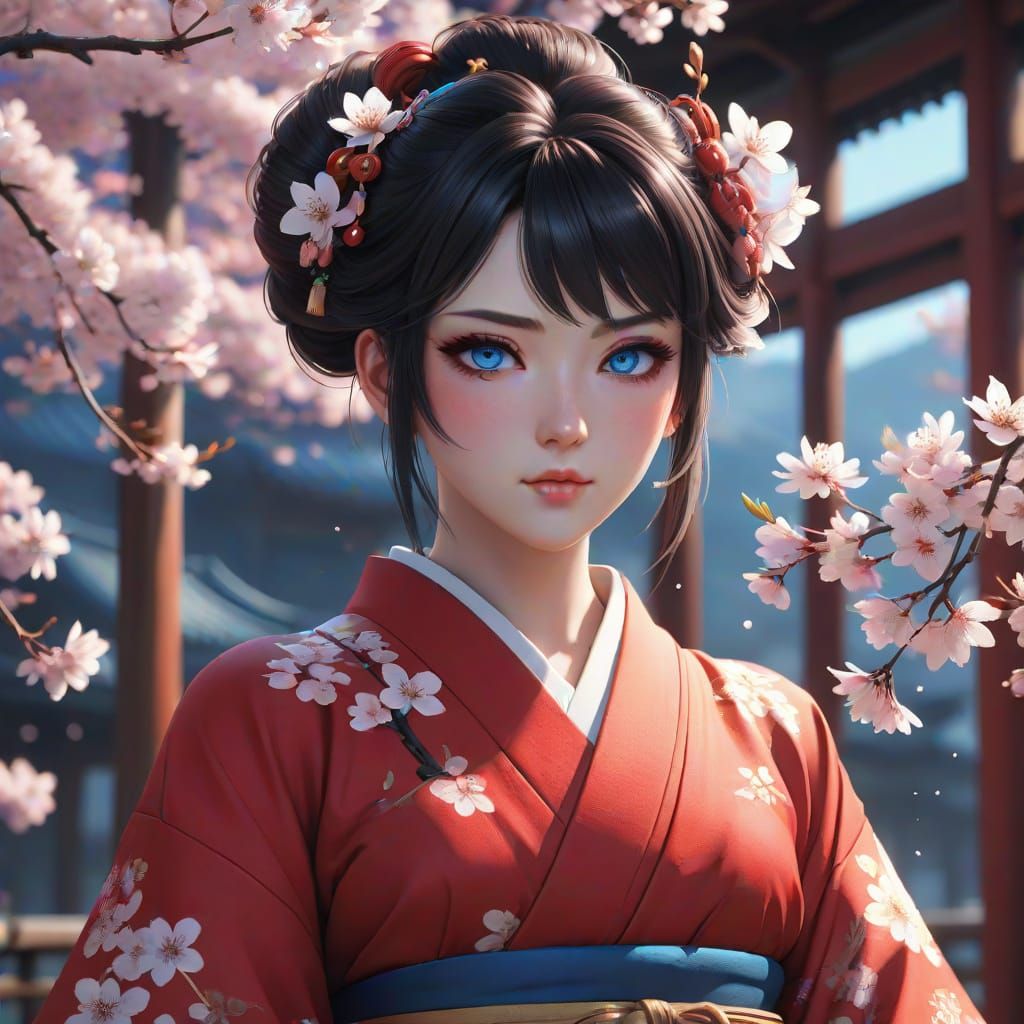 Fierce Anime Girl in Kimono with Cherry Blossoms