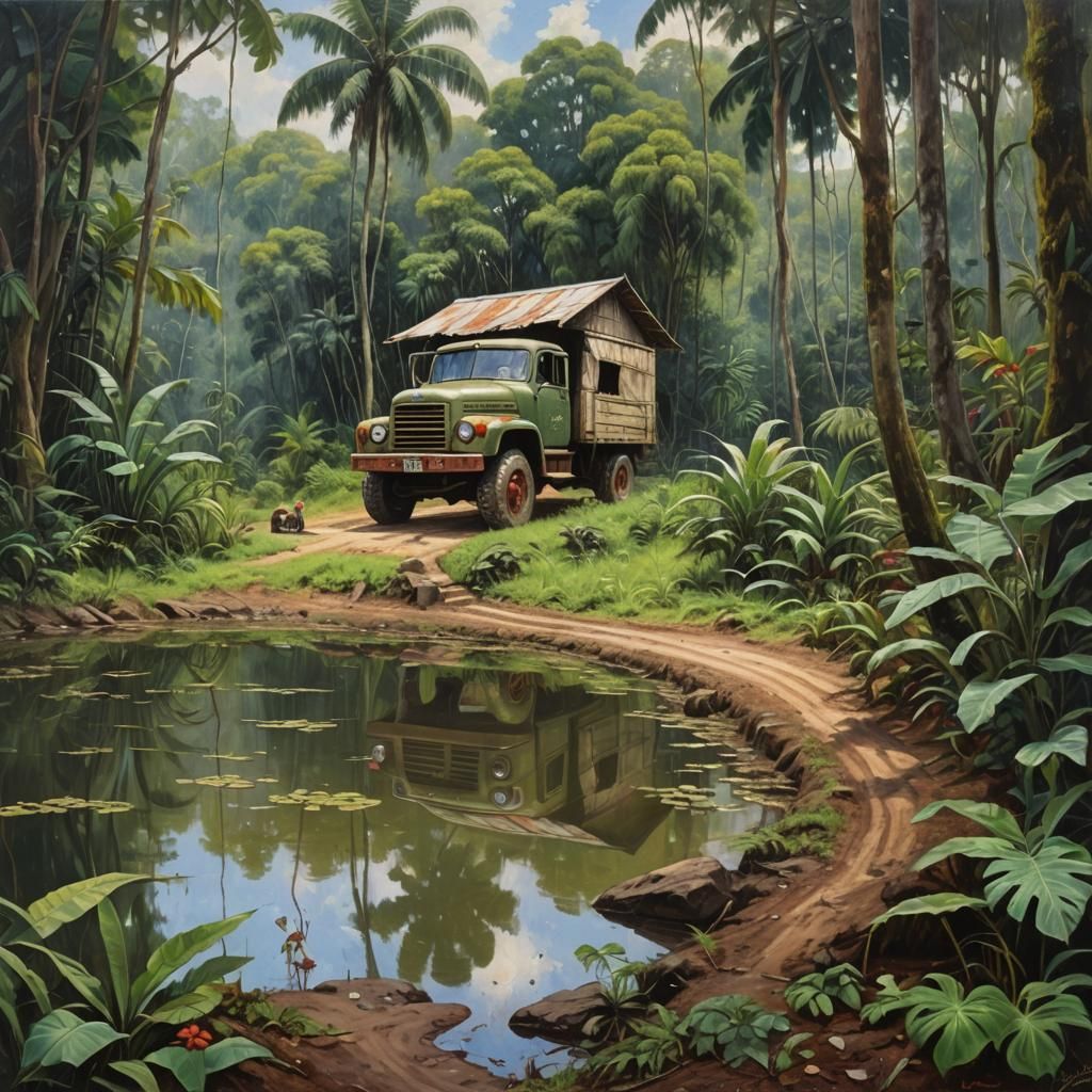 Tropical Jungle Truck in Oil Painting Style