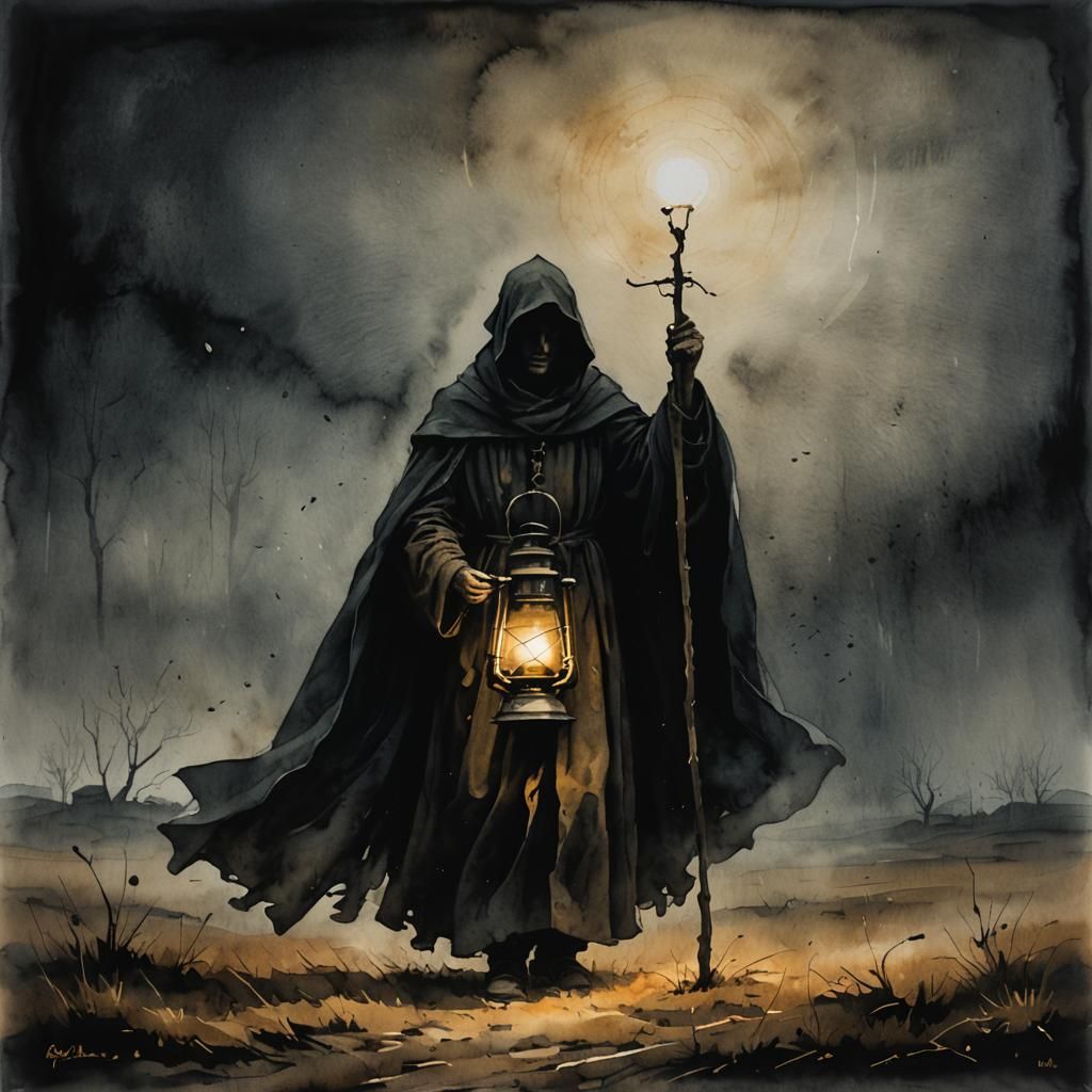 Ethereal Figure in Fog-Shrouded Field