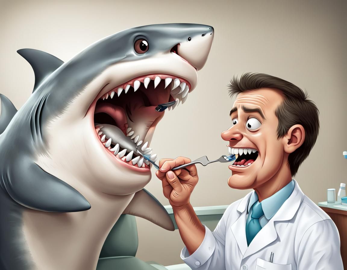 Cartoon: Dentist Examines a Shark's Teeth