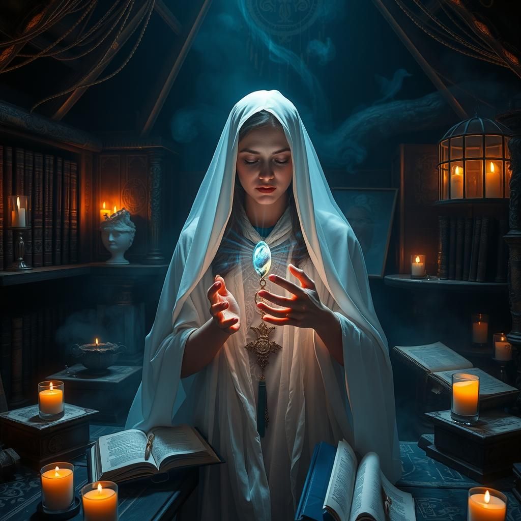 Mystical Woman with Orgonite Pendulum in Dreamlike Cyberpunk...