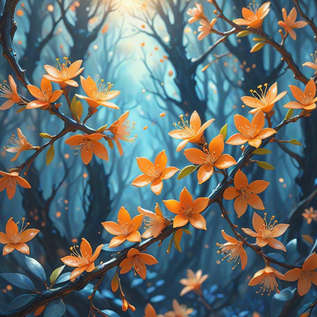 Whimsical Forest: Orange Blossoms in Oil Painting Style