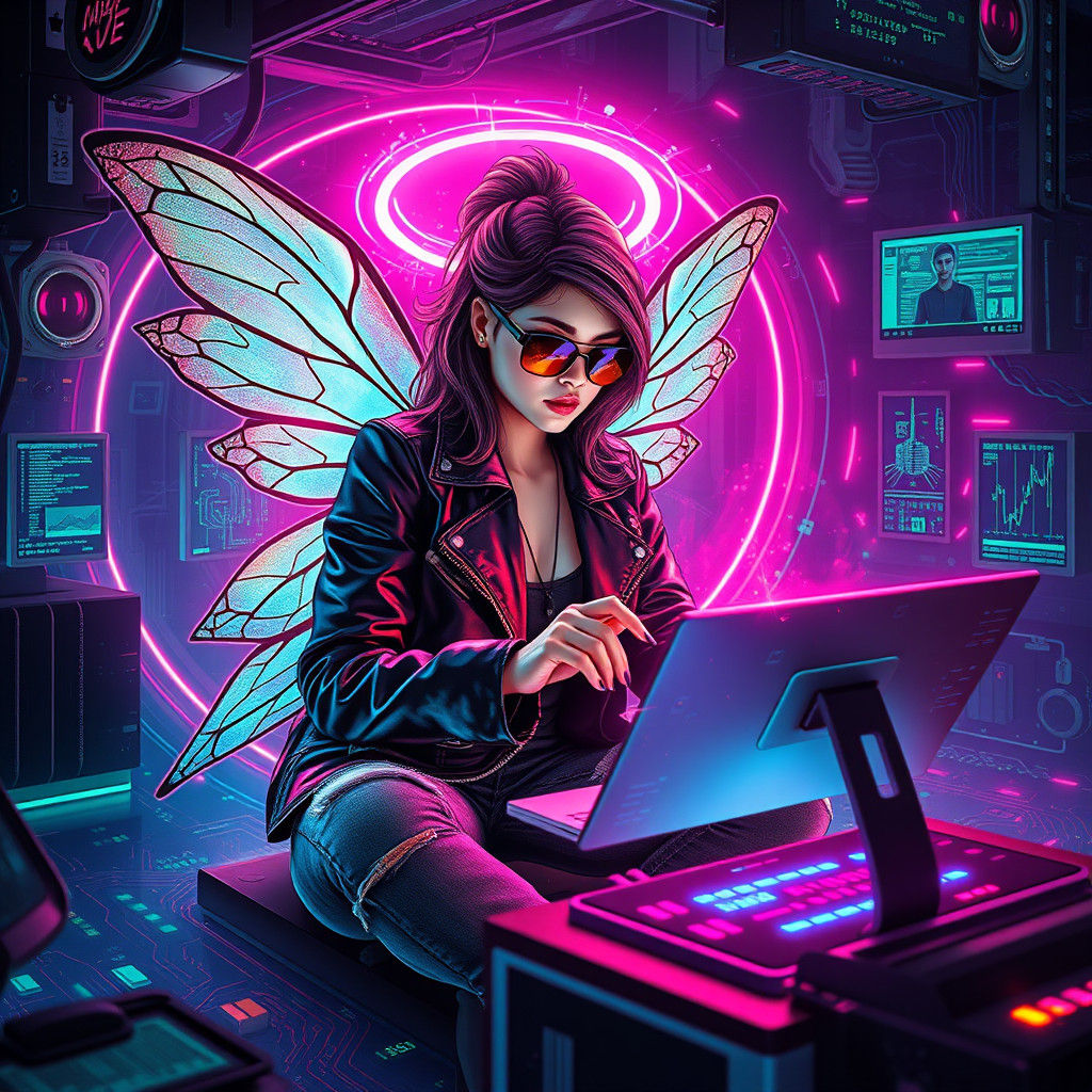 Cyberpunk Fairy Hacker in Neon-Drenched Dreamscape
