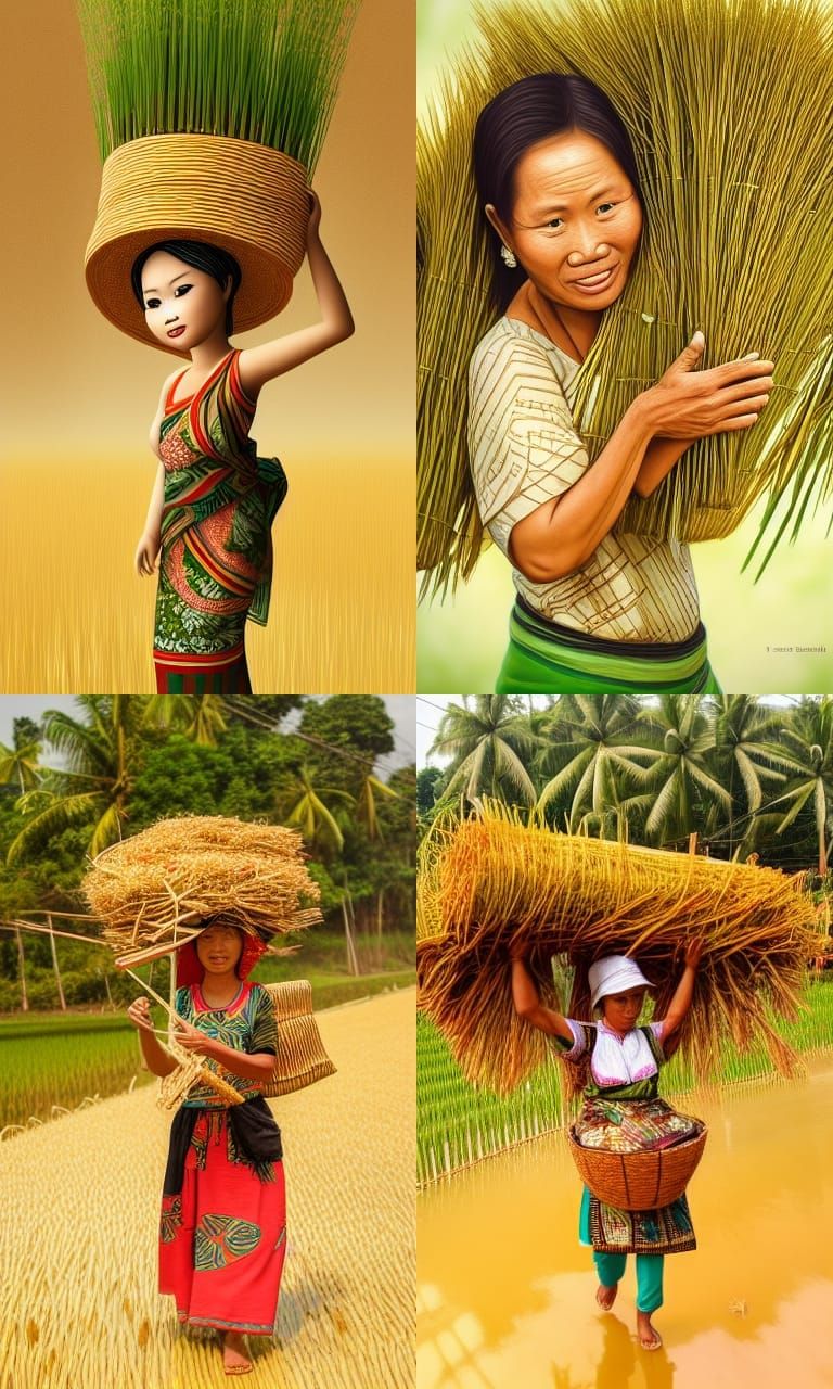 Malay Woman with Rice Stalks in Batik Style