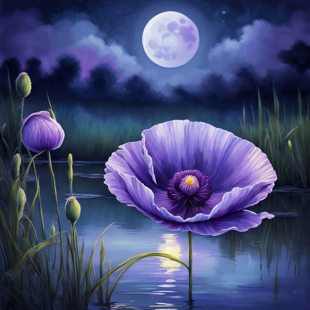Purple Poppy Blossom on Moonlit Pond, Digital Painting