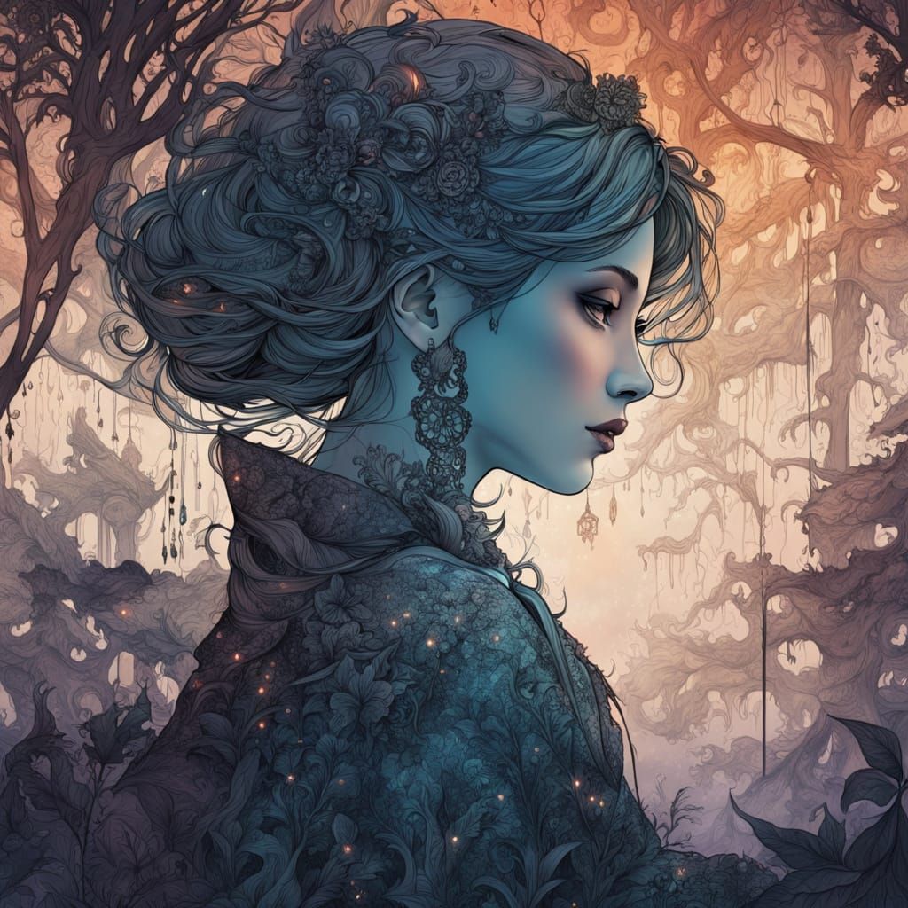 Dark Fantasy Portrait: Ethereal Forest Silhouette in Neon Li...