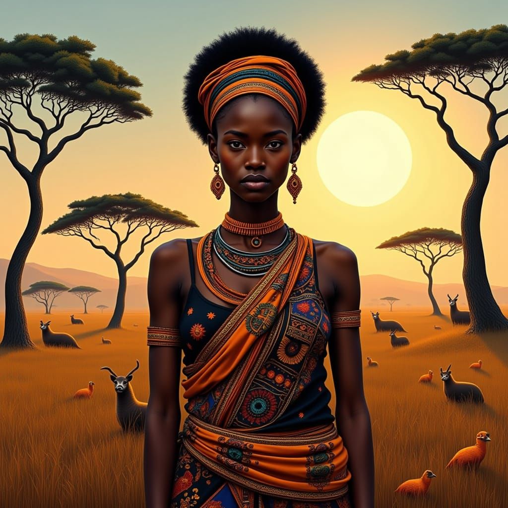 African Woman in Savanna Landscape, Digital Painting