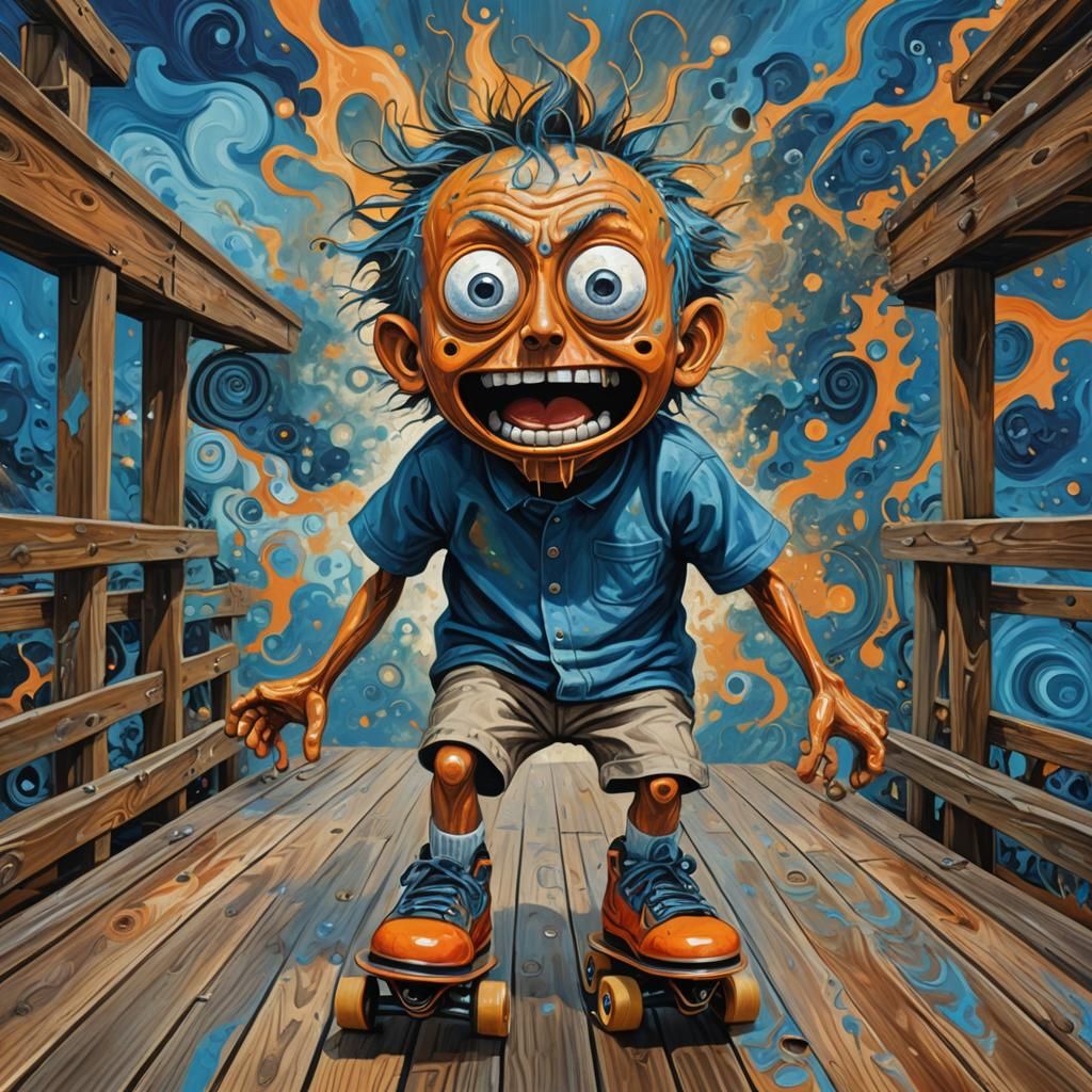 Expressionist Portrait of Screaming Face with Roller Skate