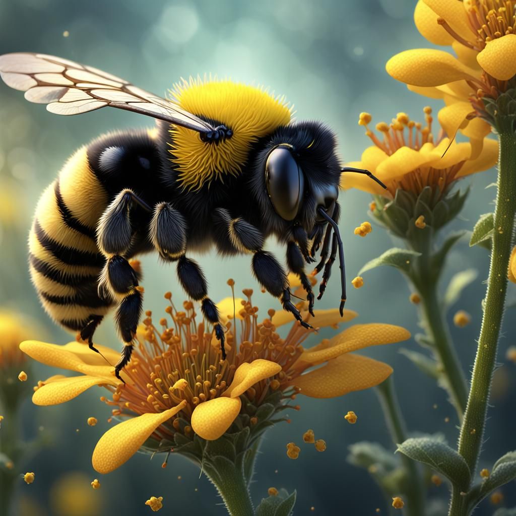 Bumblebee Gathering Pollen in Hyperrealistic Detail