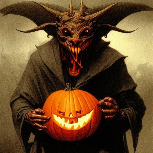 Cartoon Devil with Pumpkin in Horror Style