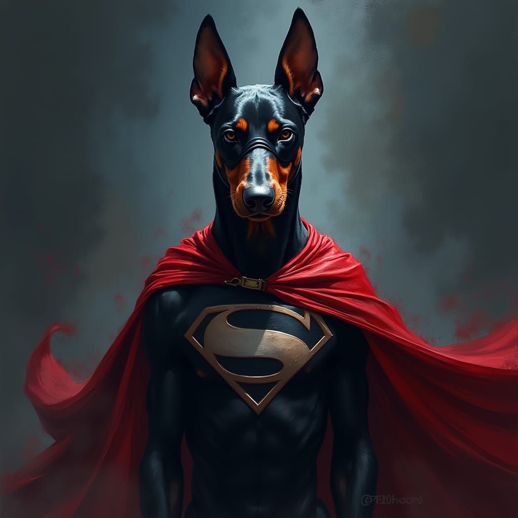 Majestic Doberman in Blood Red Cape and Silver Emblem
