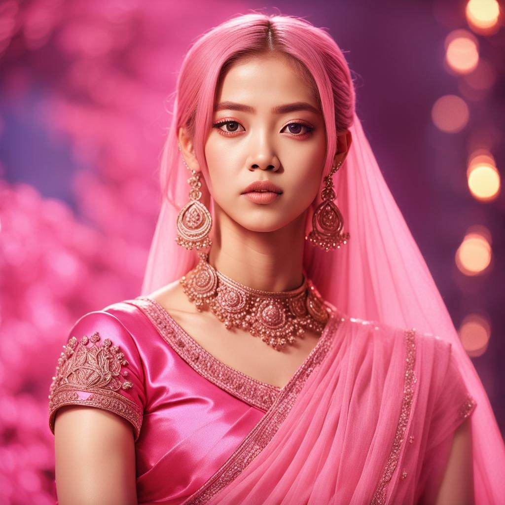 Rosé of Blackpink in Pink Saree: Hyperrealistic Portrait