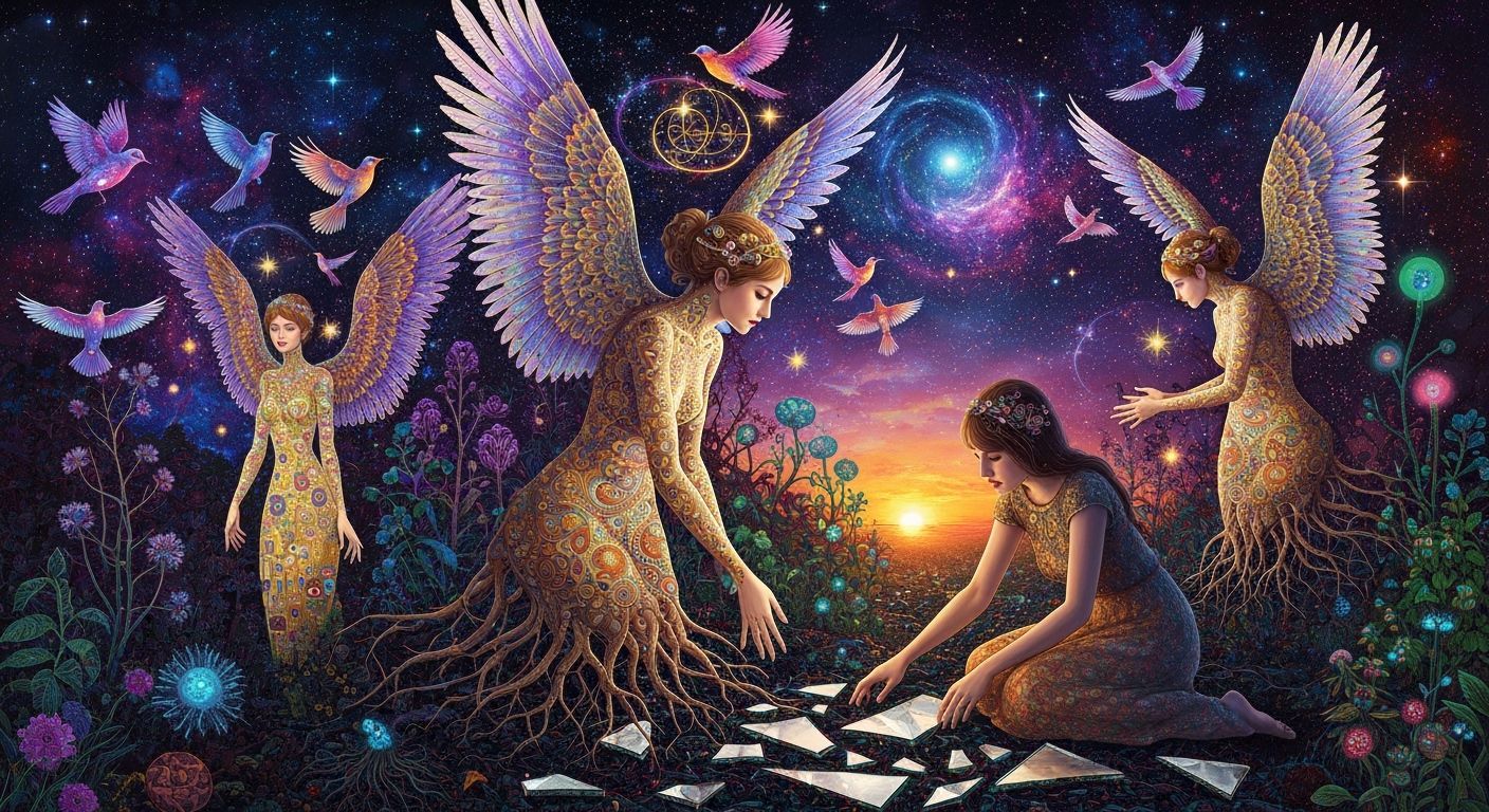 Ethereal Woman with Iridescent Wings Amidst Cosmic Energy