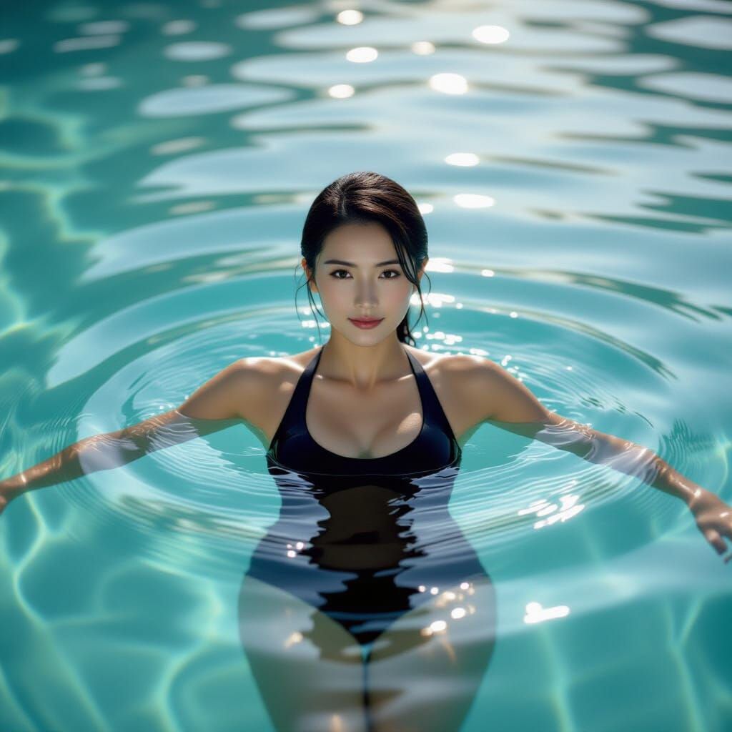 Japanese Woman in Black Swimsuit, Rippling Water