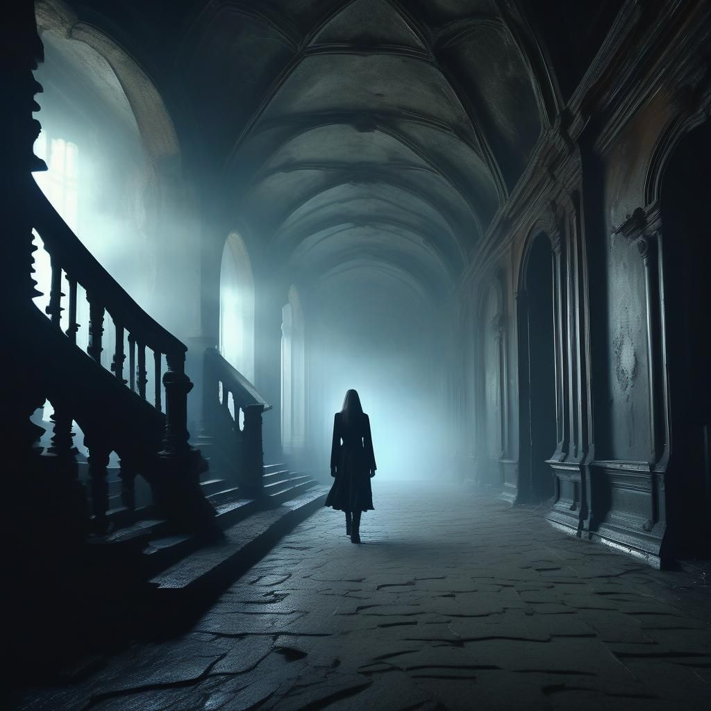 Gothic Horror: Woman in Decaying Foggy Mansion