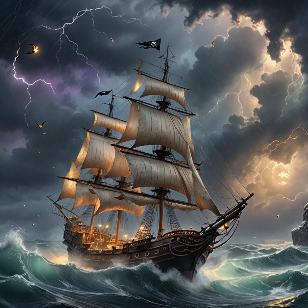 Penguin Pirate Sails Stormy Sea in Ethereal Digital Art