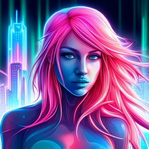 Neon Girl Hologram in Cyberpunk Cityscape
