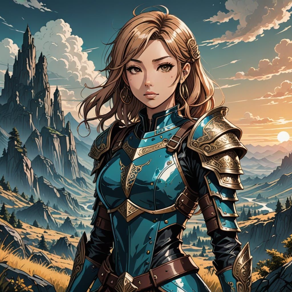 Gyaru Girl in Leather Armor, Skyrim Anime Illustration