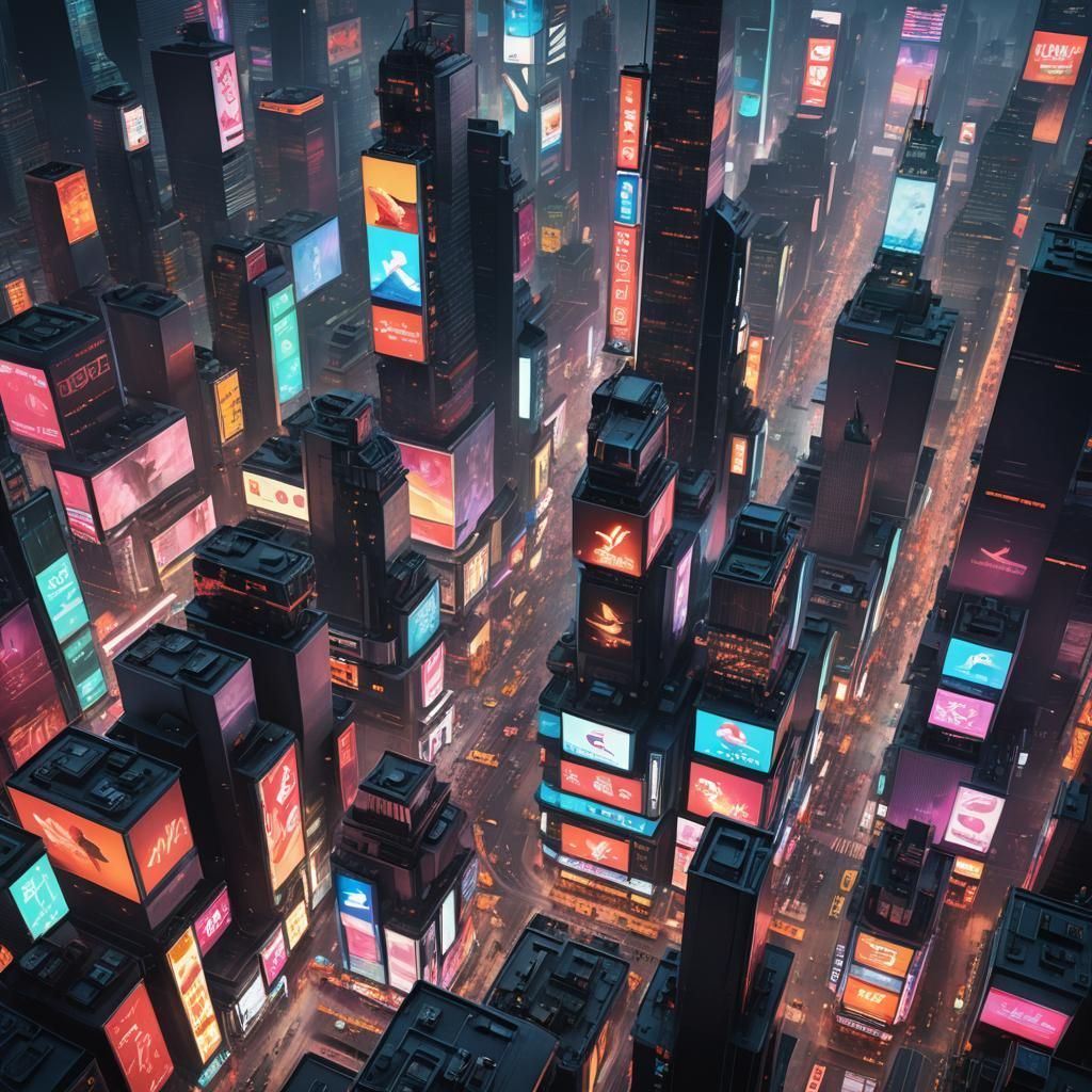 Cyberpunk Cityscape at Twilight: Bird's Eye View