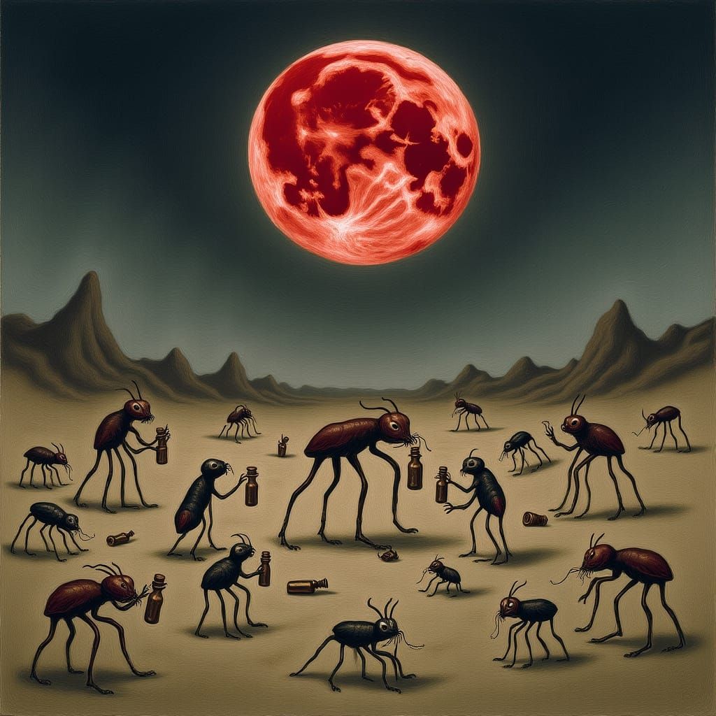 Surreal Moonscape With Ant-People Under Red Lemon Moon
