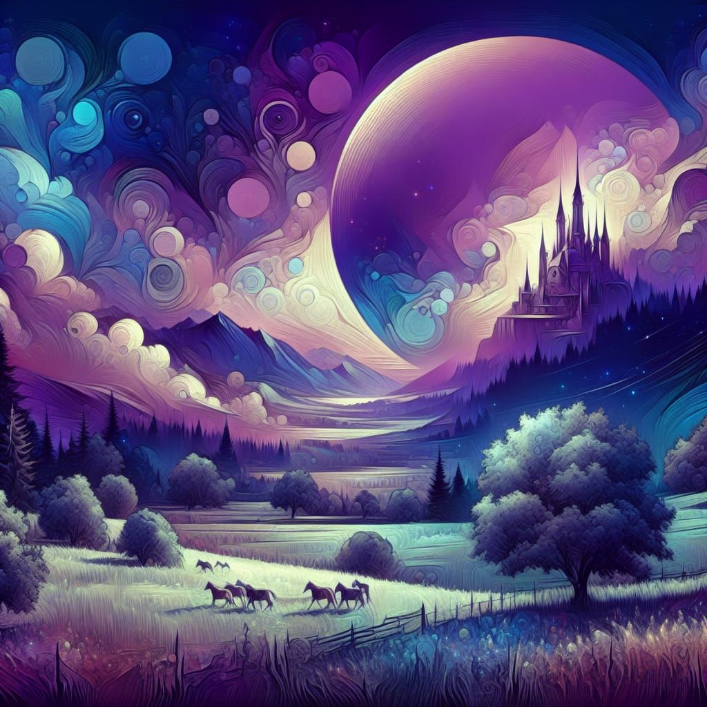 Violet Moonlit Landscape in Oil Painting Style