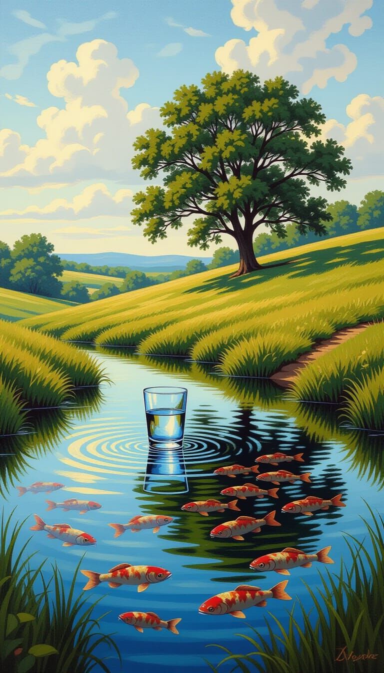 Rivers Merge into Pool with Catfish, Oak Tree, and Glass