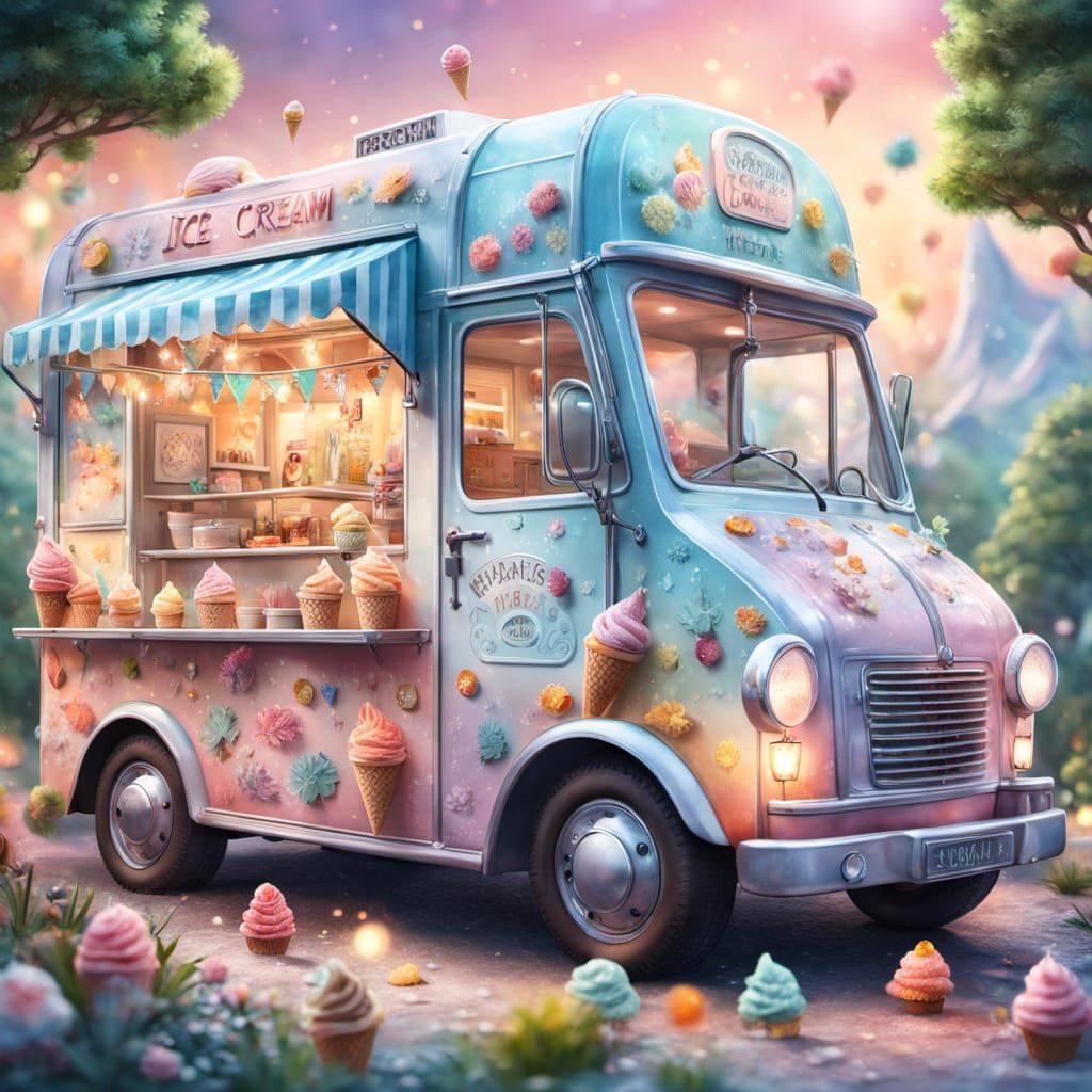 Enchanted Ice Cream Truck in Watercolor Style
