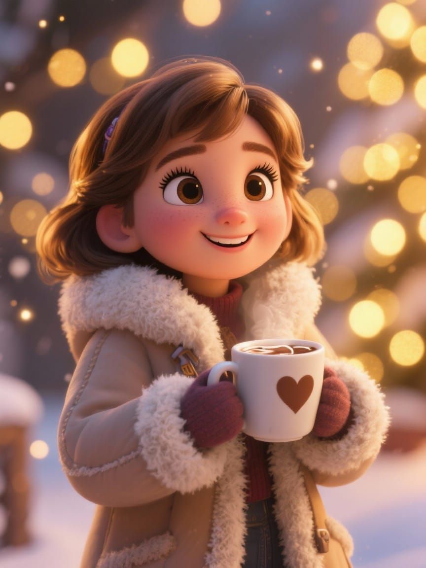 Adorable 3D Girl with Hot Cocoa in Winter Glow