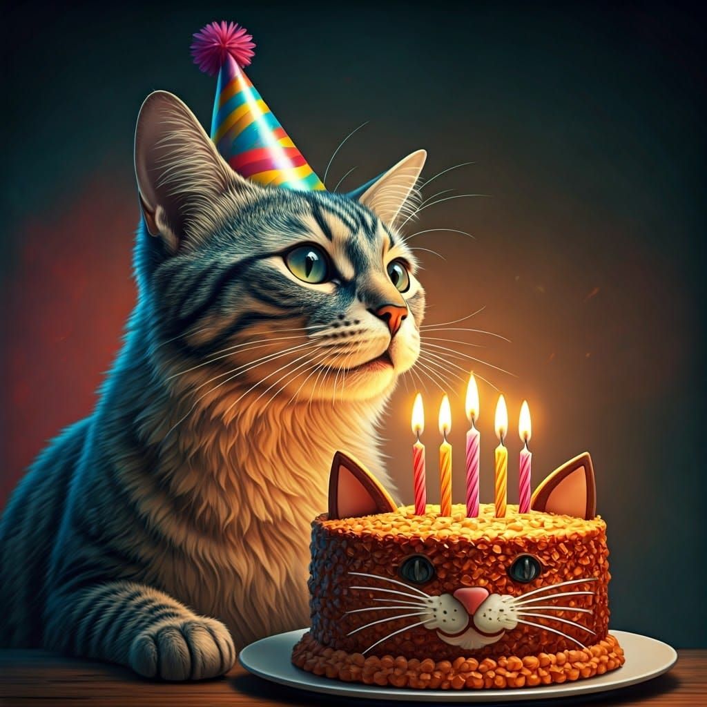 A cat blowing out candles on a birthday cake shaped like a cat