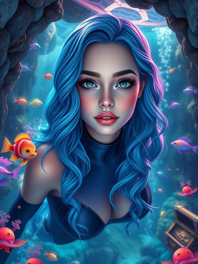 Stunning Woman in Underwater Cave: Pop Art Manga Anime