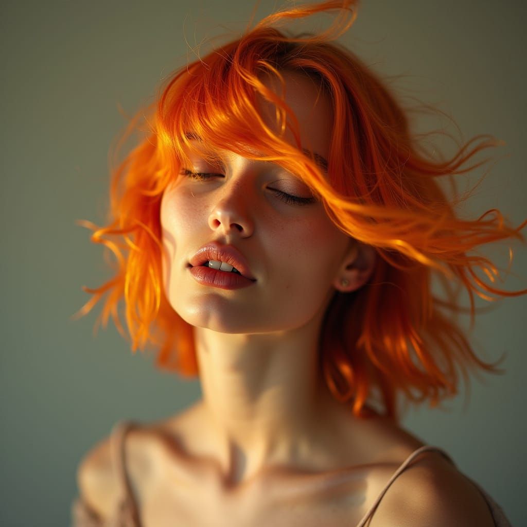 Vibrant Orange Hair in Motion, Brazilian Woman, Cinematic Li...