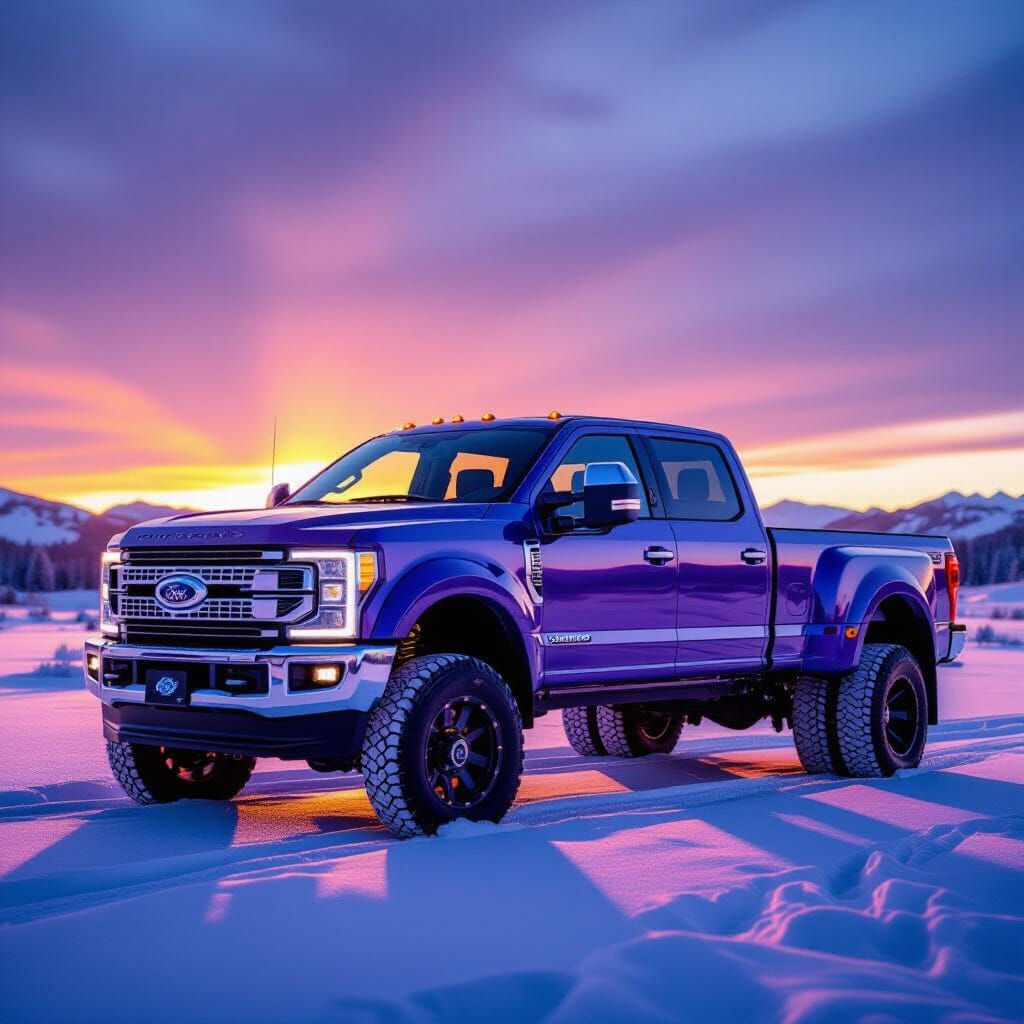 Iridescent Purple Ford F-350 in Winter Sunset