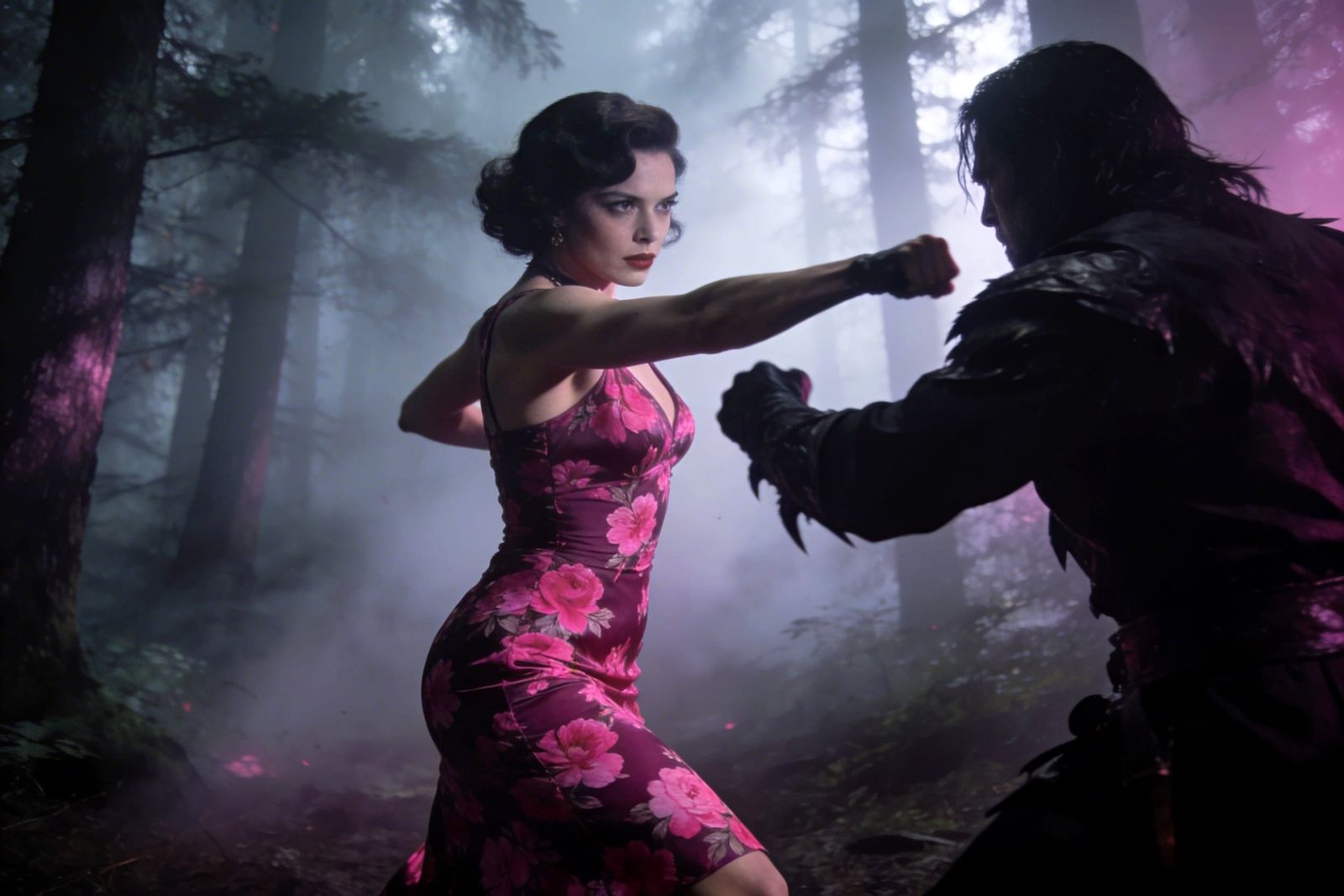 Femme Fatale in Fuchsia Frock in Foggy Forest