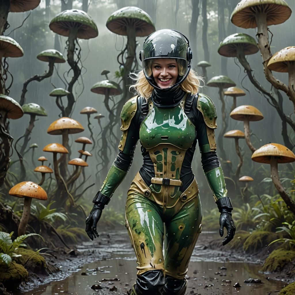 Smiling Woman in Latex Suit in Mushroom Landscape