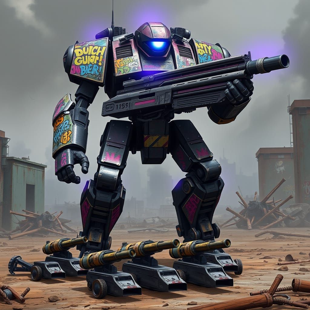 Cyberpunk Mech in Scrap Metallic Armor with Punk Graffiti