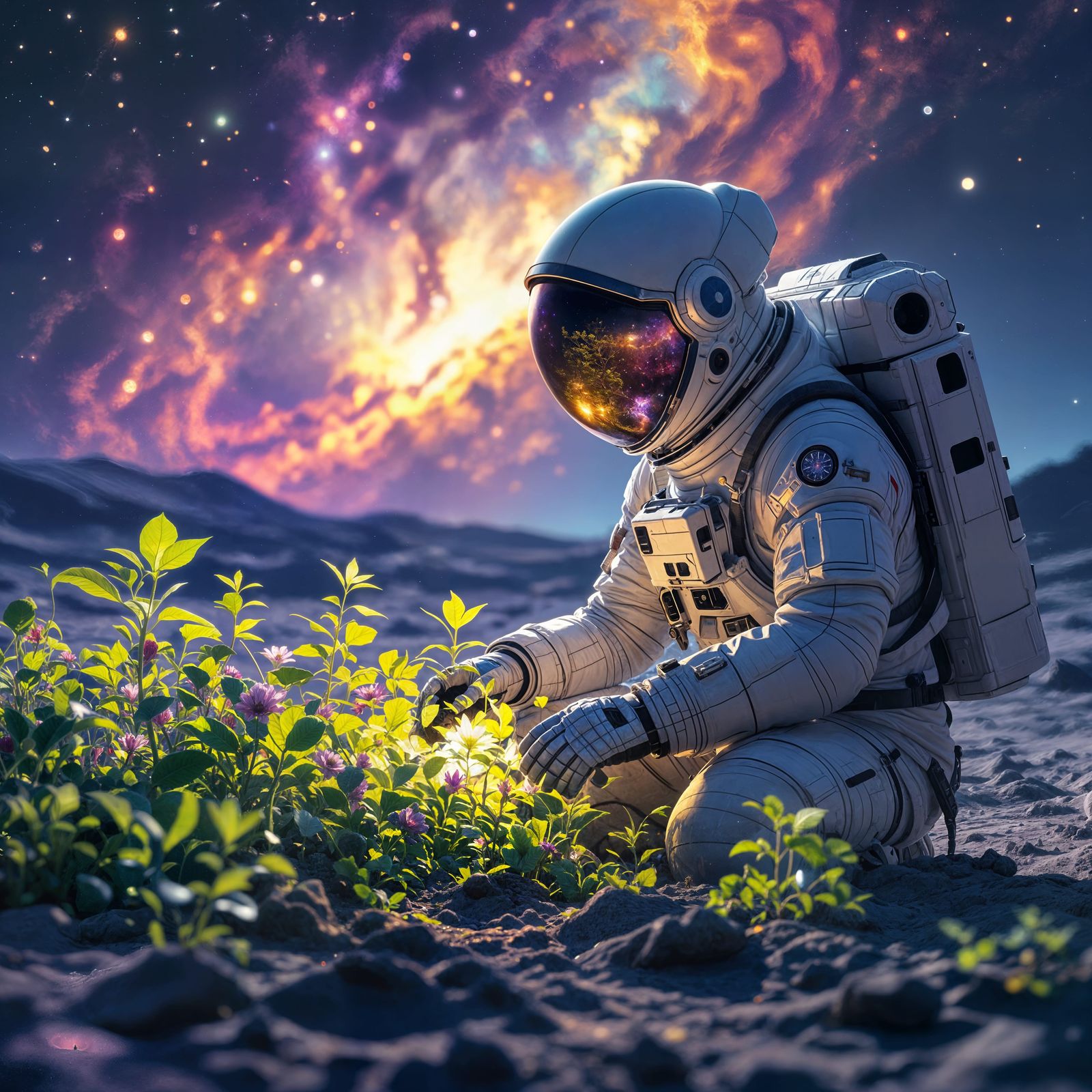 Astronaut's Bioluminescent Garden on Alien Moon