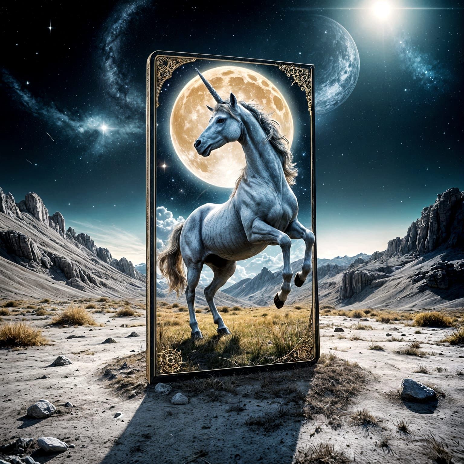 Unicorn Tarot Card on Moon in Fantasy Style