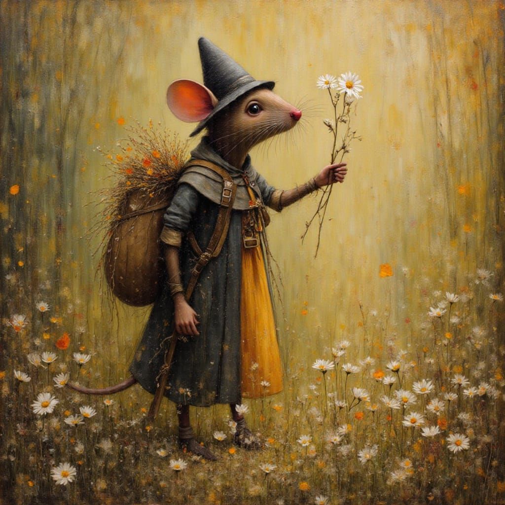 Mouse Pilgrim Admiring Daisy in Autumn Colors