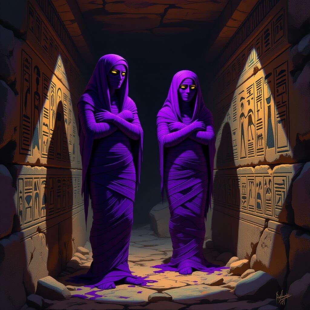 Ominous Egyptian Mummies in Dimly Lit Tomb
