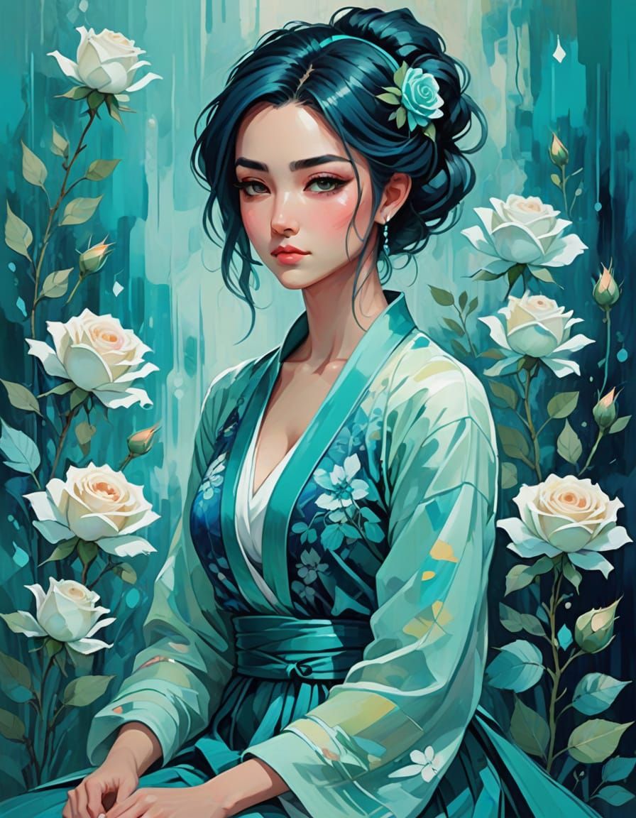 Anime Woman Kneeling in Abstract Turquoise Garden